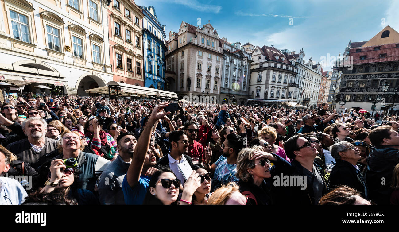 Crowd of people in front of the Old Town City Hall, historic buildings, Old Town Square, Prague, Czech Republic Stock Photo