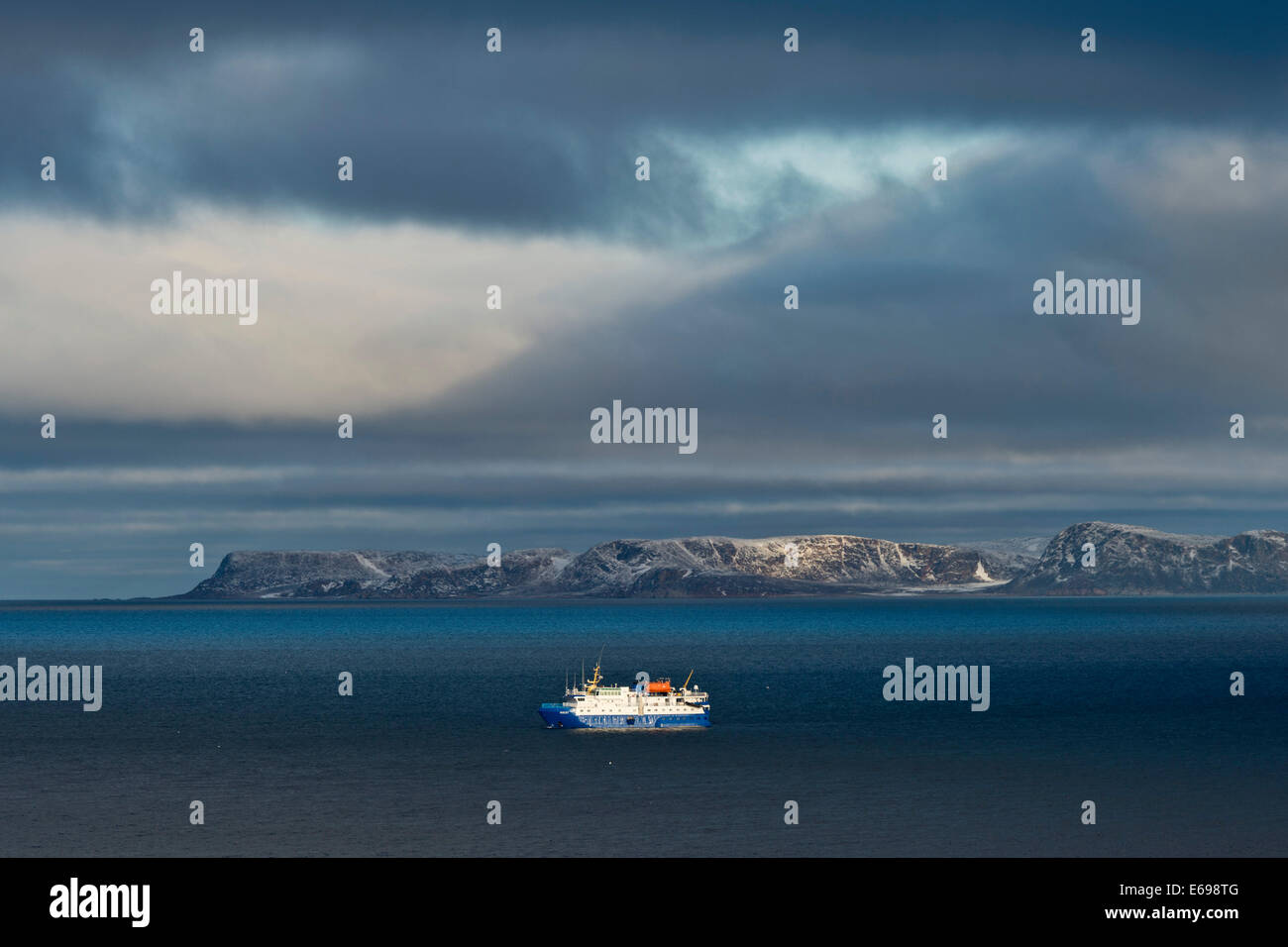 Dramatic light, MS Quest, expedition vessel, Reliktbukta, Nordaustland, Svalbard archipelago, Svalbard and Jan Mayen, Norway Stock Photo