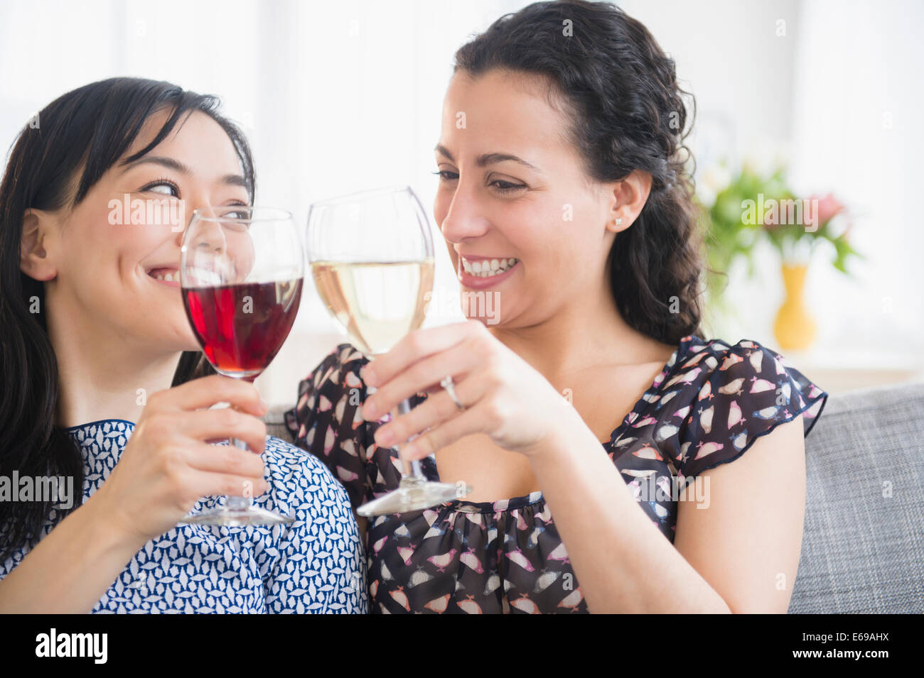 Women toasting each other with wine Stock Photo