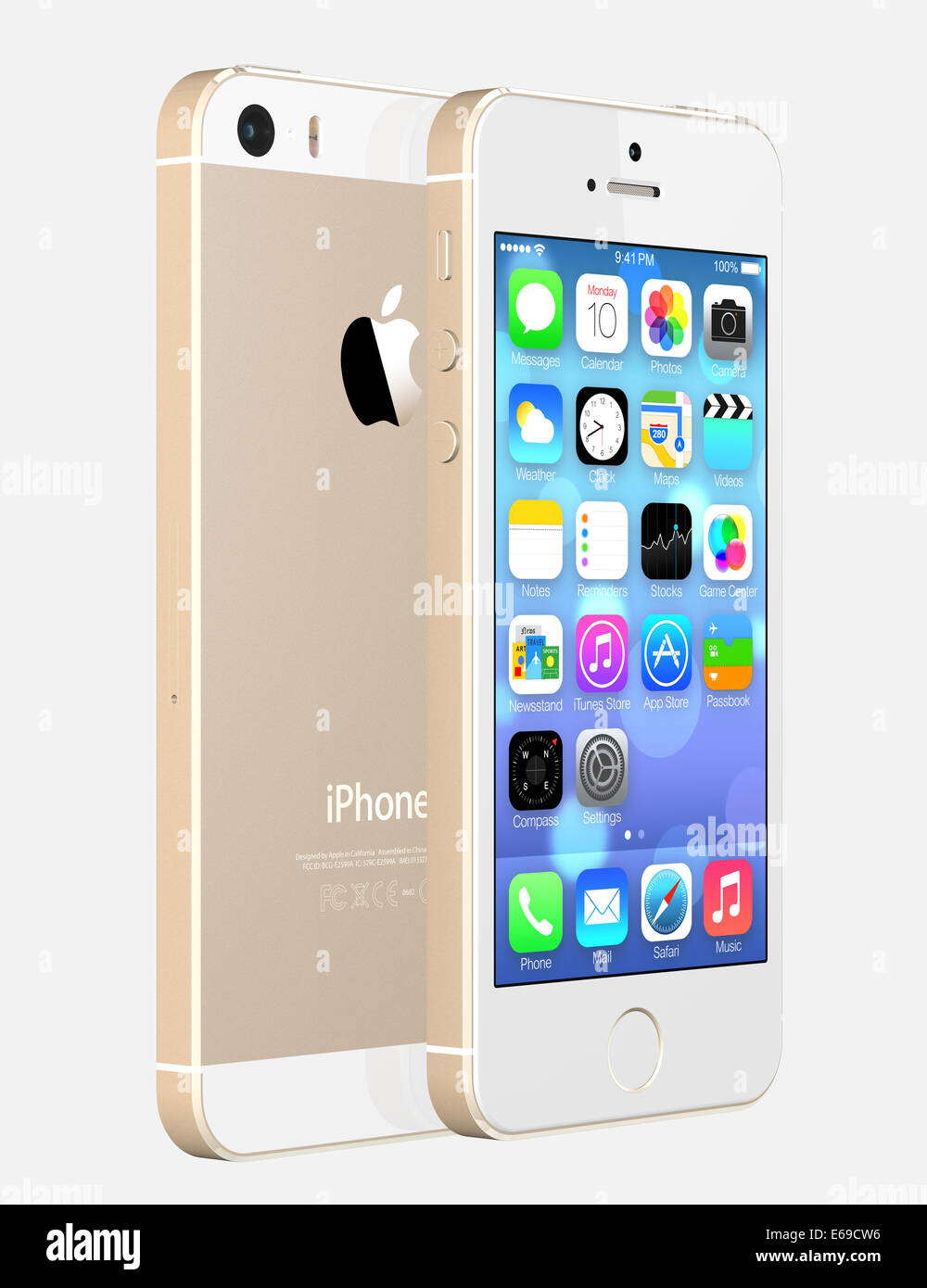 Gold iPhone 5s showing the home screen with iOS7. Stock Photo