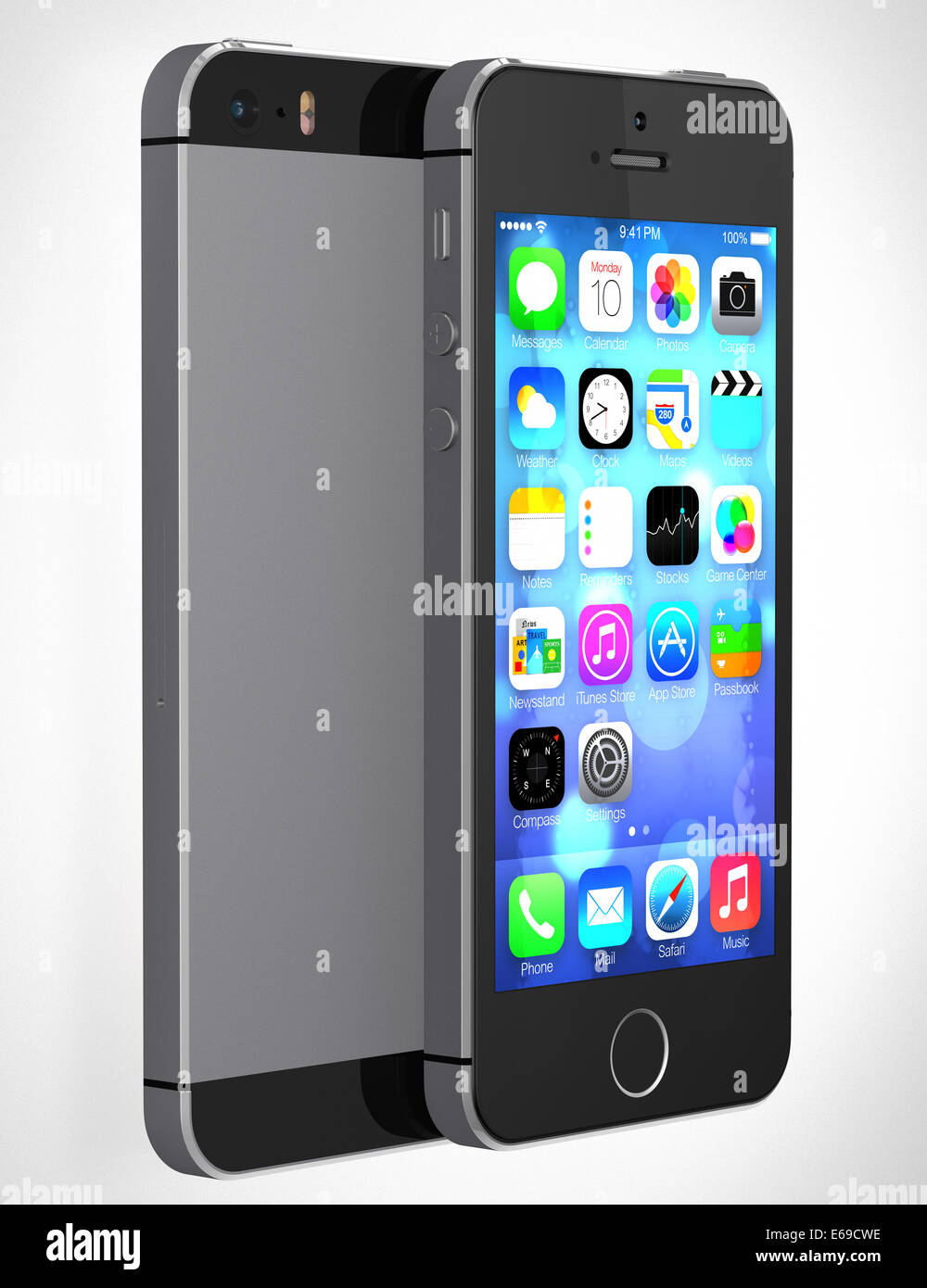 A front view of an Apple iPhone 5s showing the home screen with iOS7 Stock Photo