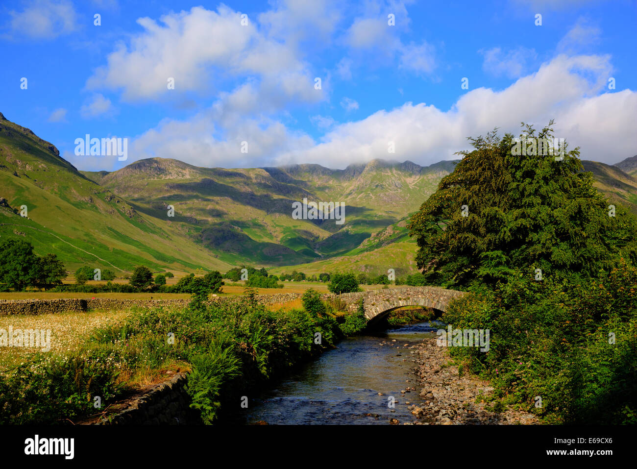 Beautiful Lake District river Mickleden Beck Langdale Valley by Old Dungeon Ghyll Cumbria England United Kingdom UK by campsite Stock Photo