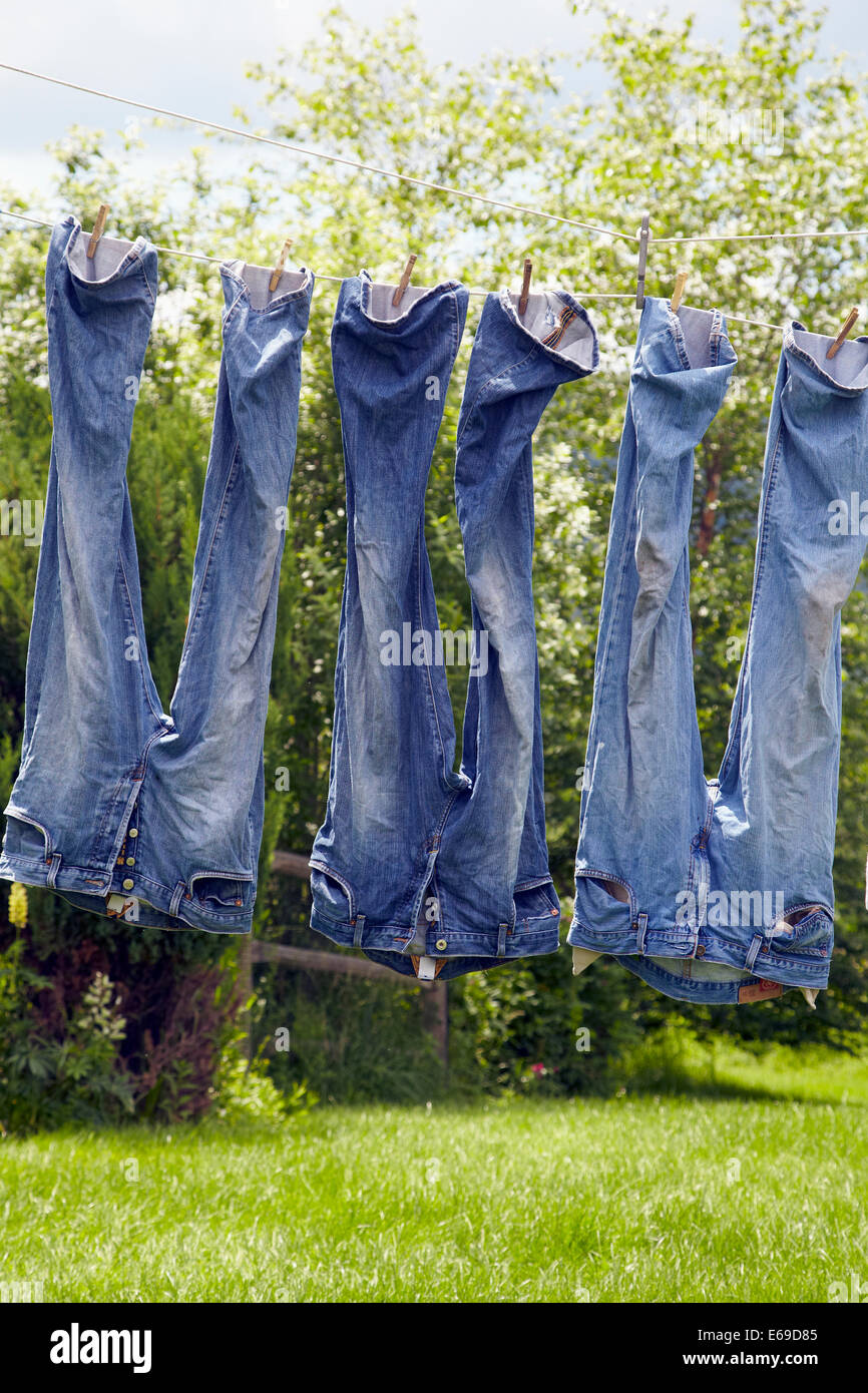 Jeans hanging from clothesline Stock Photo Alamy