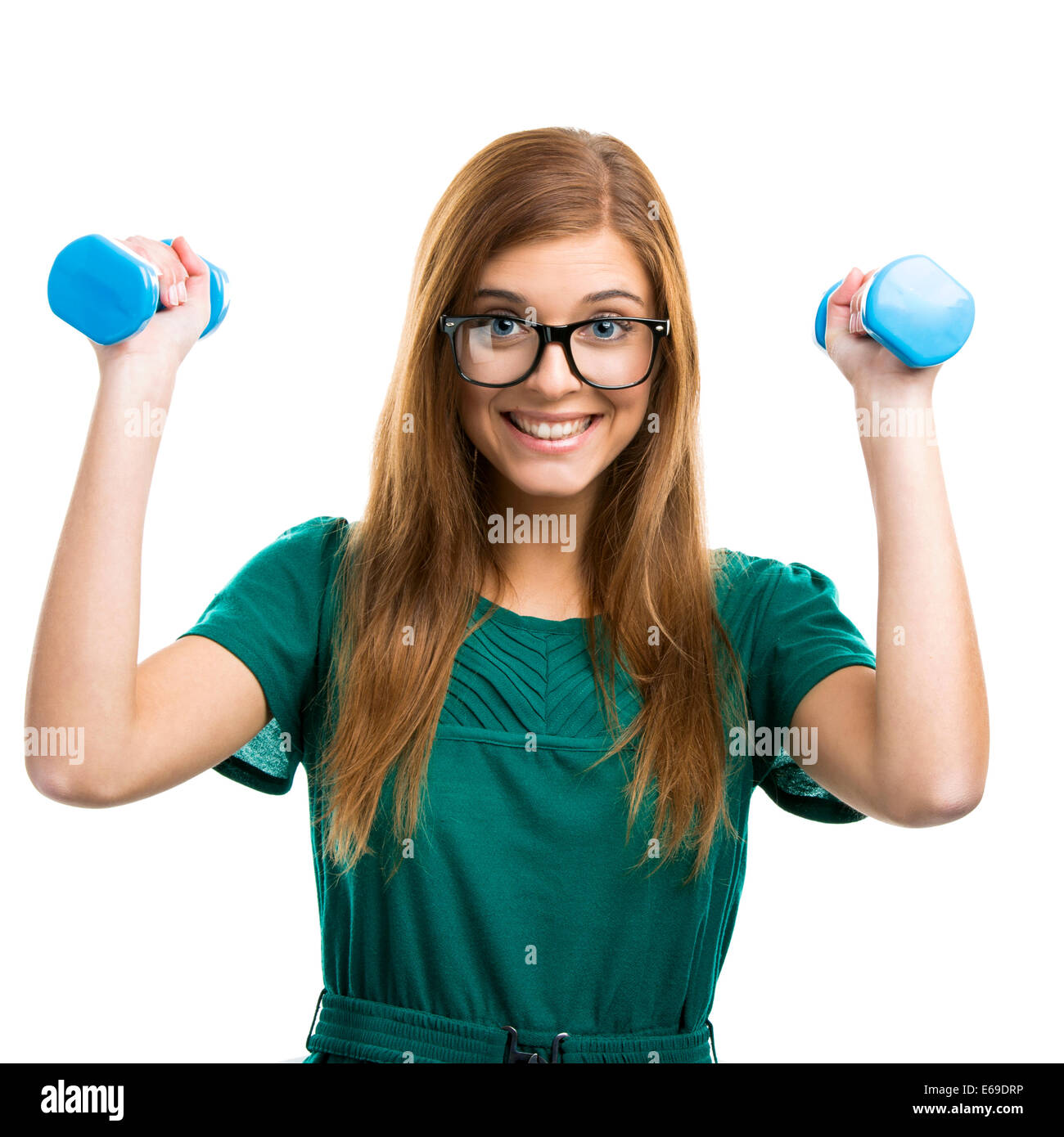 Portrait of a beautiful and happy girl making exercise isolated on white background Stock Photo