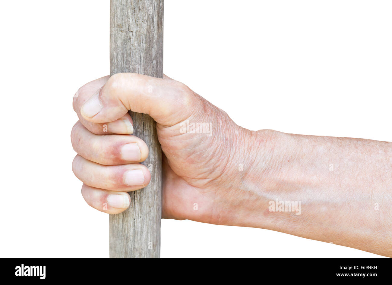 male hand holds old wooden staff isolated on white background Stock Photo