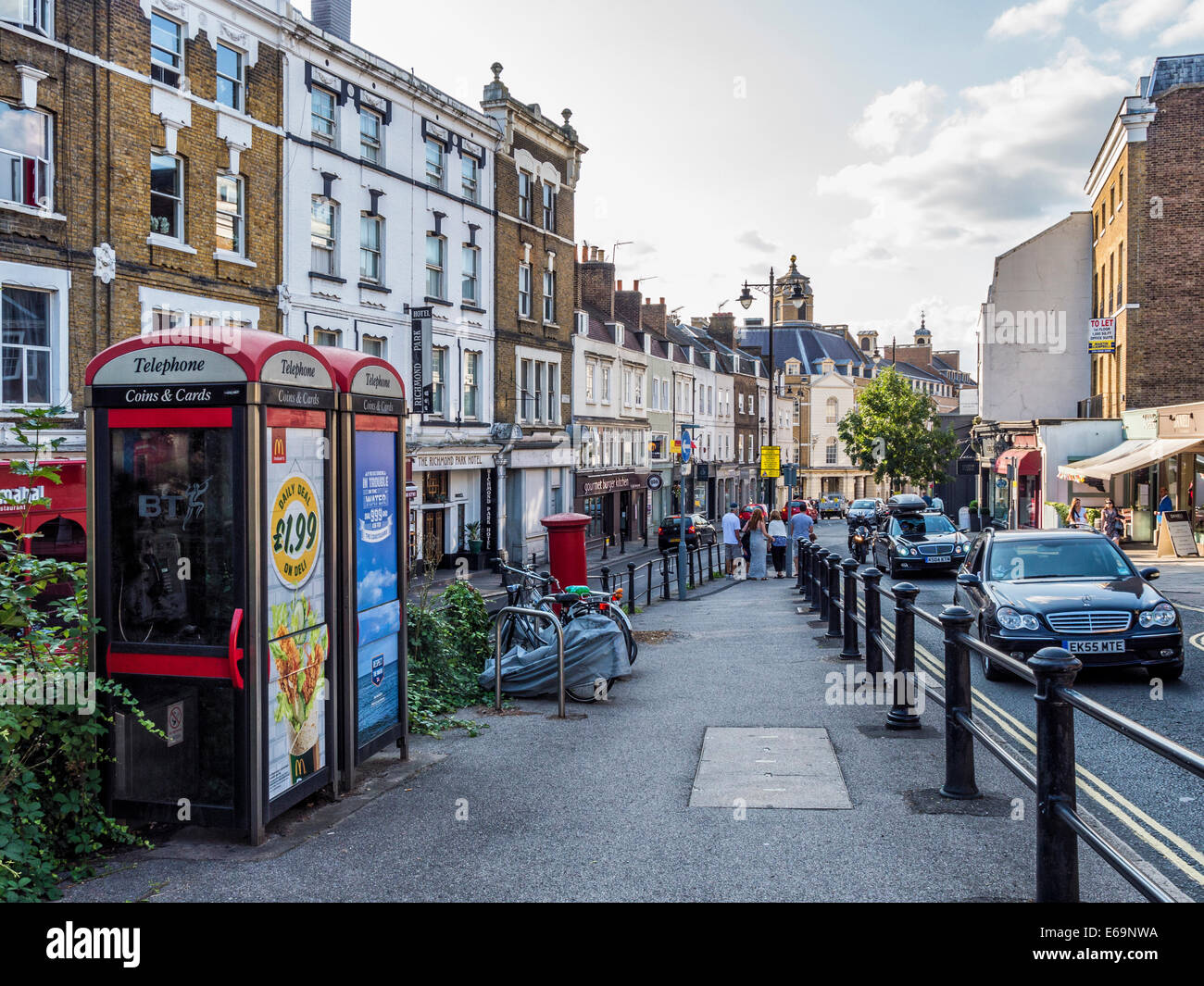 Richmond, Surrey Shops and telephone booths on Hill Rise, Richmond upon Thames, Surrey, London