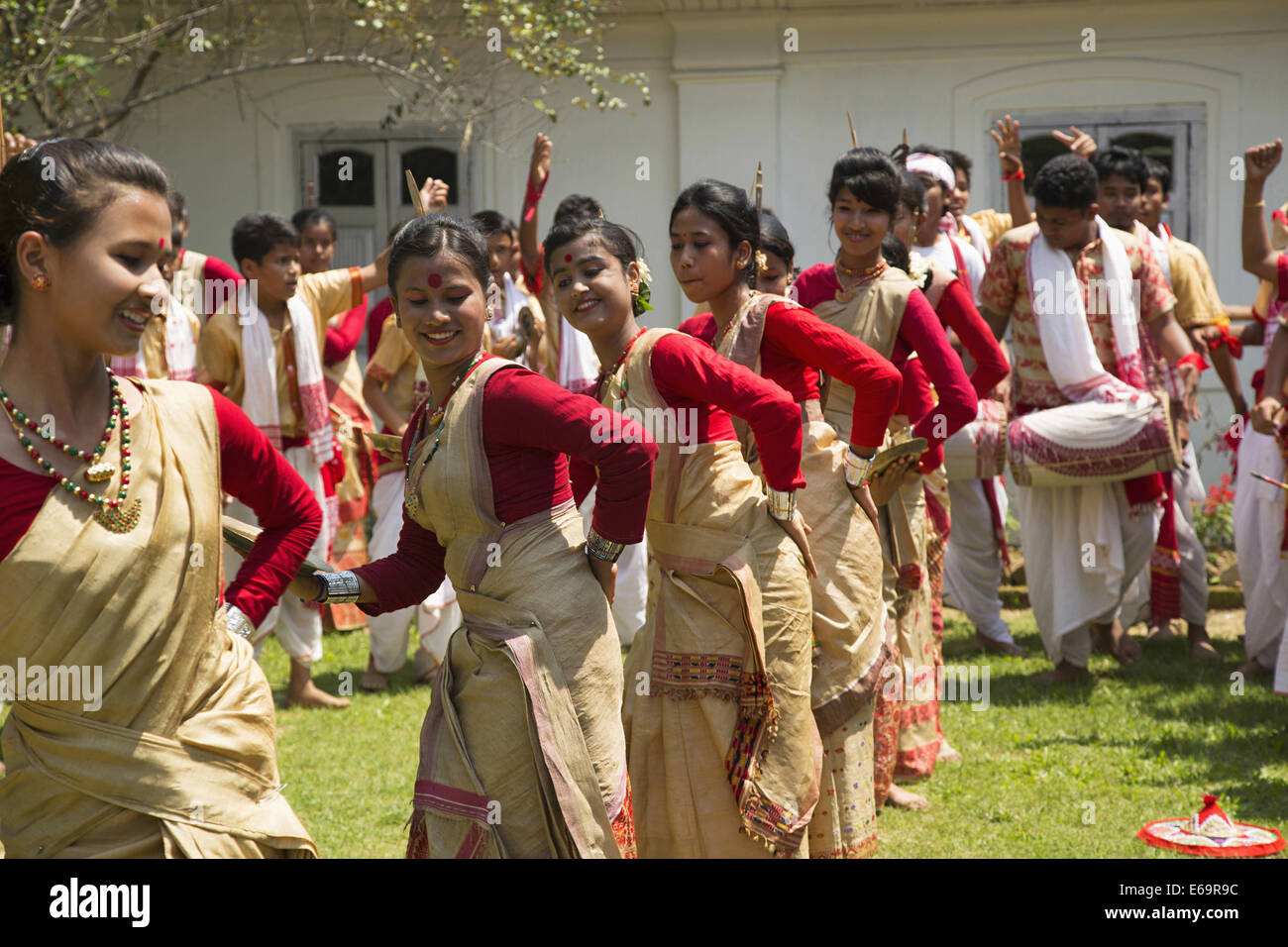 Assamese girls performing Bihu Assamese folk dance in traditional
