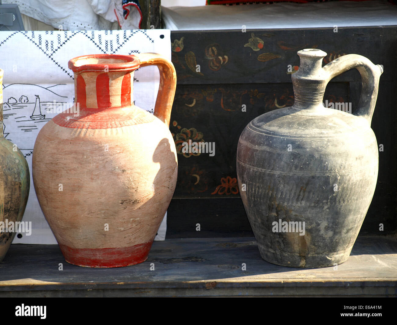 Old jugs for sale at antiques fair Stock Photo Alamy