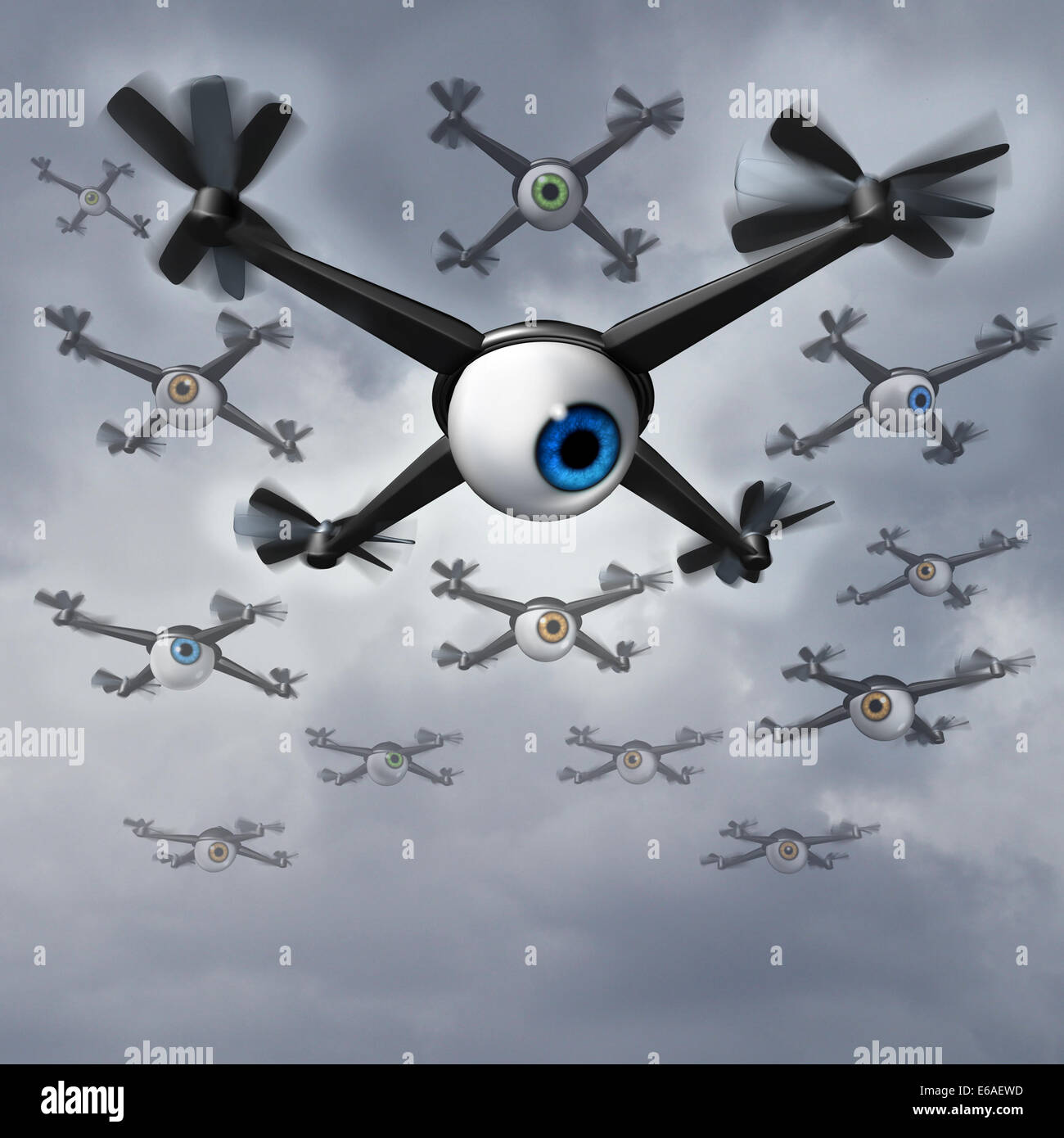 Drone privacy concerns social issues concept as a group of spy drones with human eye balls collecting private information in a reconnaissance and surveilliance mission. Stock Photo