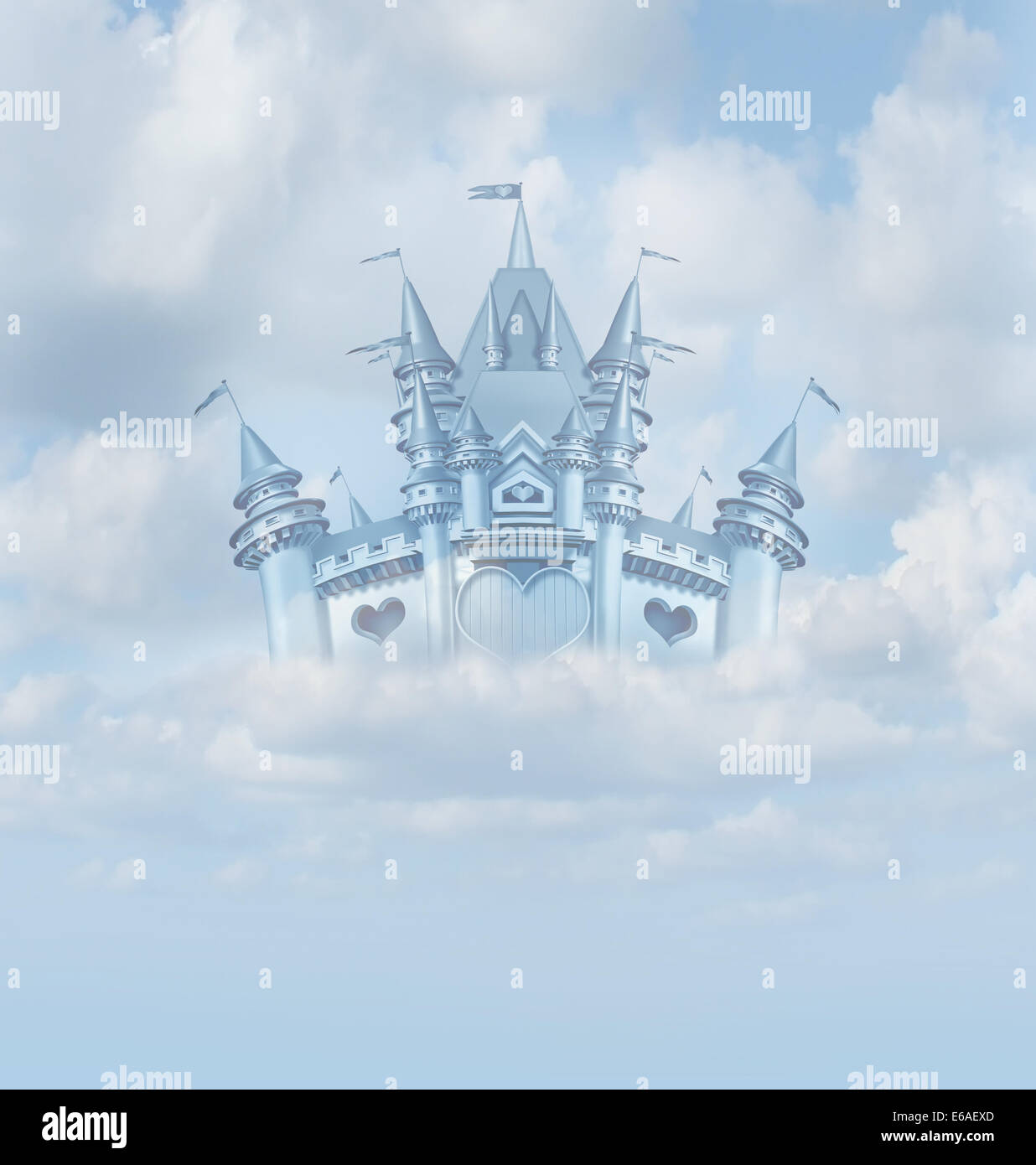 Magical fairytale castle floating in the clouds as a fictional fortress of love in the sky home to royalty as the prince and princess. Stock Photo