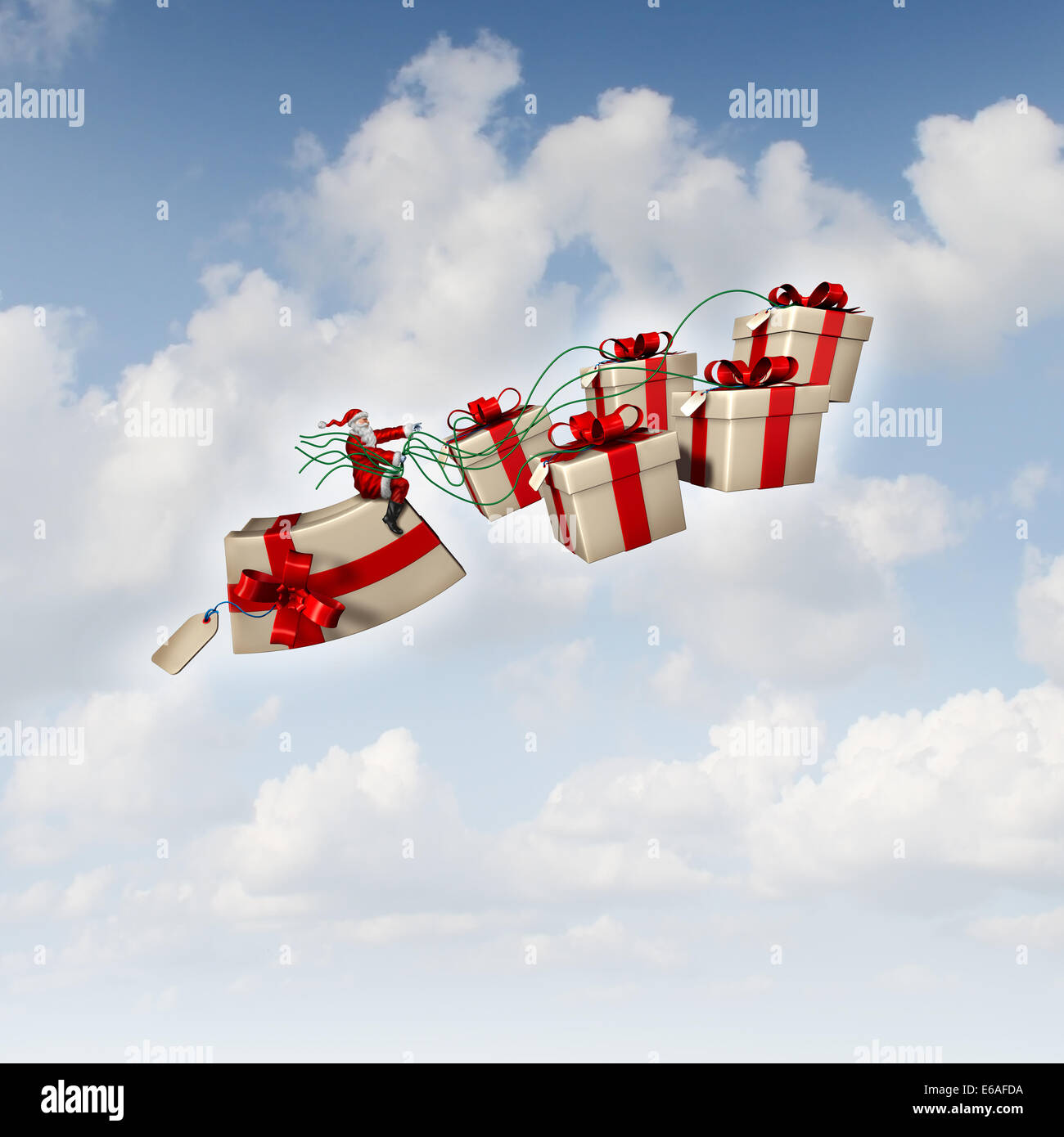 Christmas gift sled or santa sleigh concept as Santaclause riding a group of three dimensional presents with holiday silk ribbons as a traditional symbol of winter gift giving and seasonal festive icon for delivering joy to good boys and girls. Stock Photo
