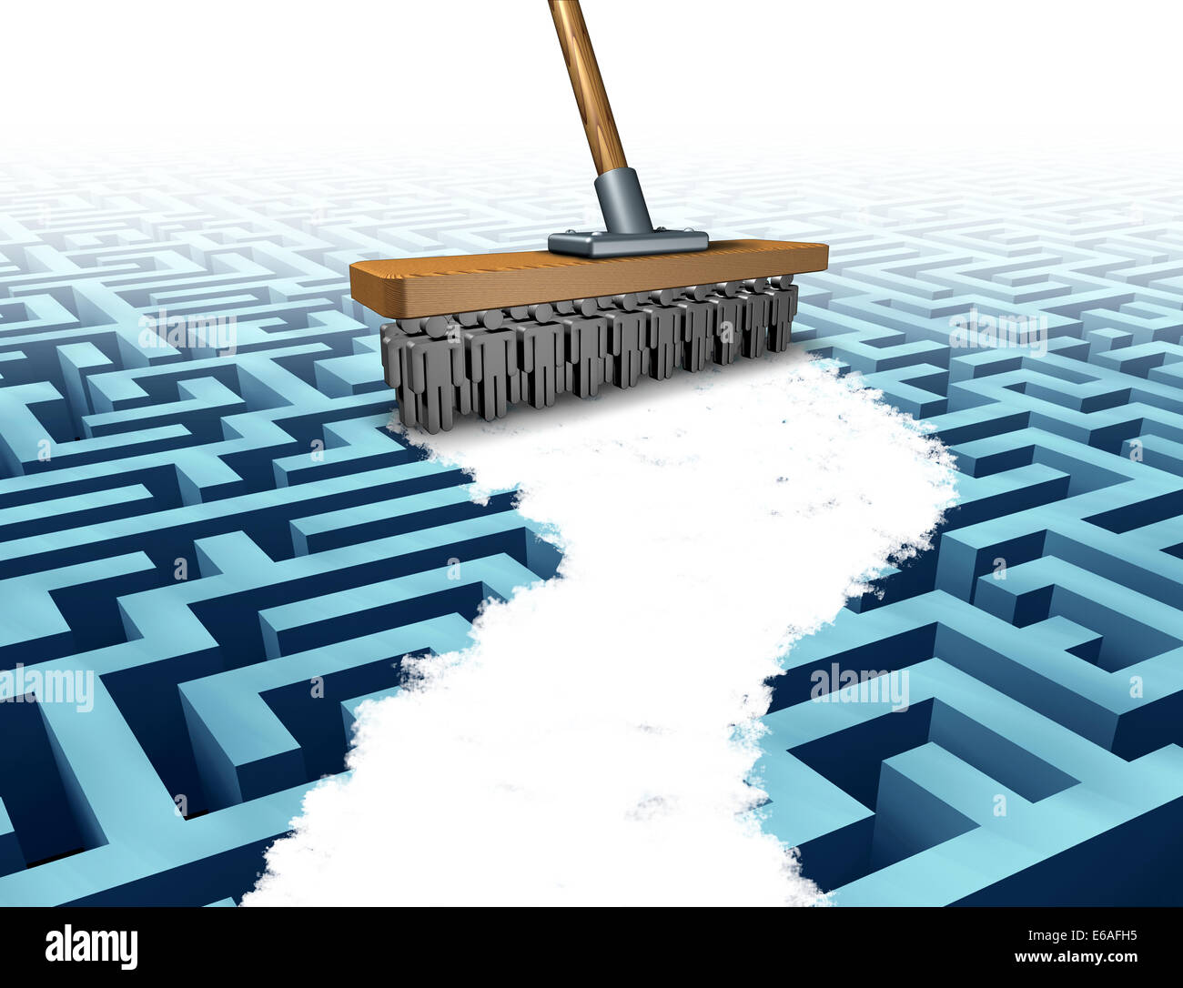 Teamwork solution and company support business concept as a metaphor of a broom with the cleaning bristles made from people icons clearing a path through a complicated maze as a symbol working together for team success. Stock Photo