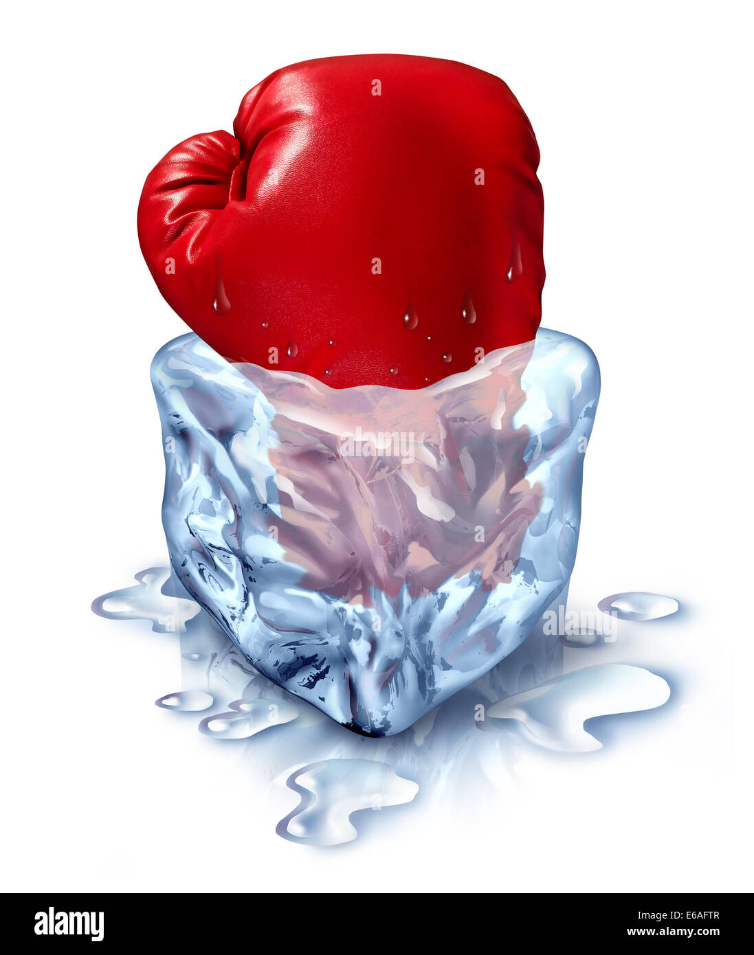 Freezing out the competition business concept as a red boxing glove in an ice cube as a metaphor for chilling out with a fresh competitor icon or frozen financial assets. Stock Photo