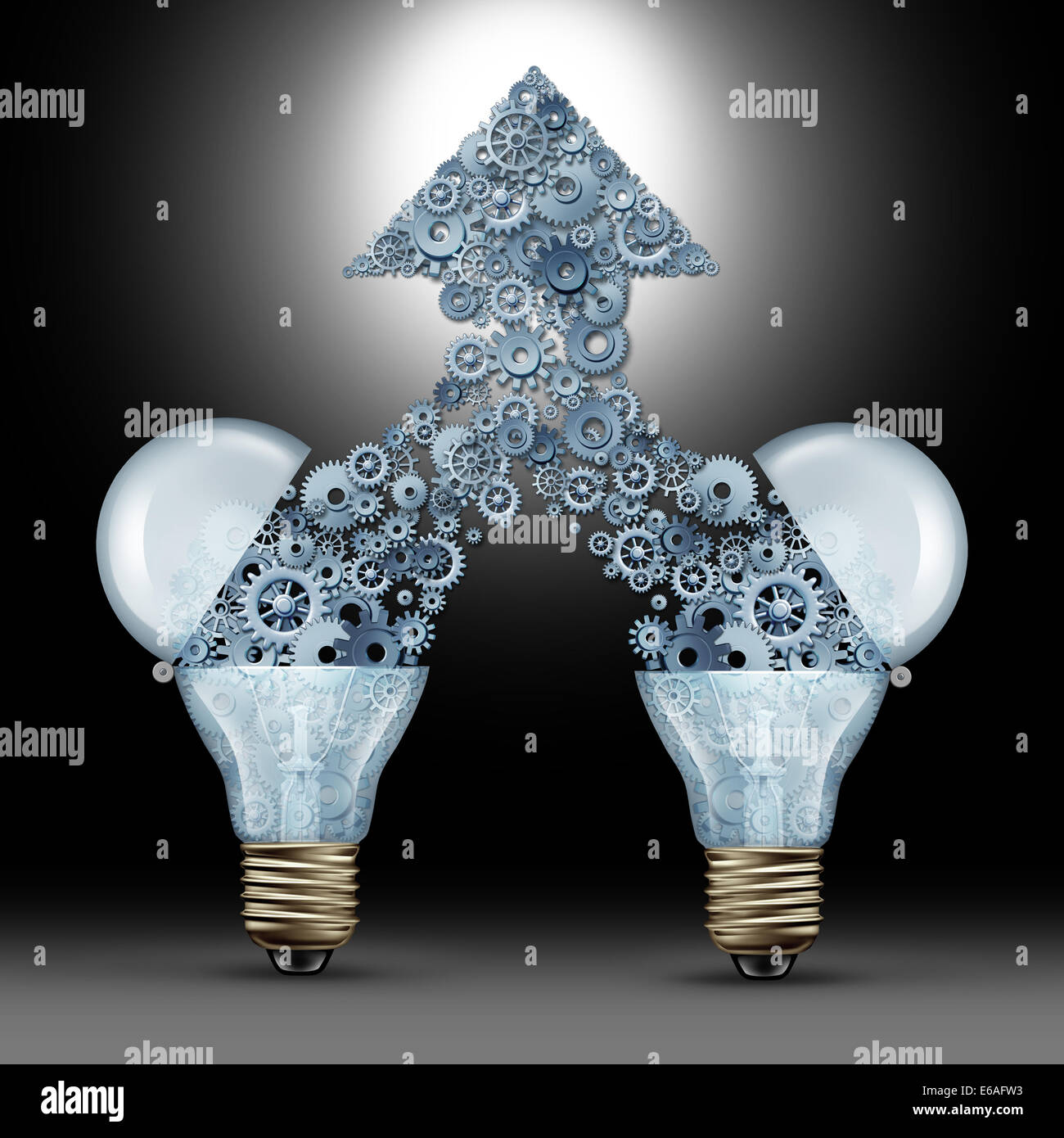 Creative innovation success as two open glass light bulbs releasing gears and cogs coming together in the shape of an upward arrow as a symbol of brainstorming new ideas and technology development. Stock Photo