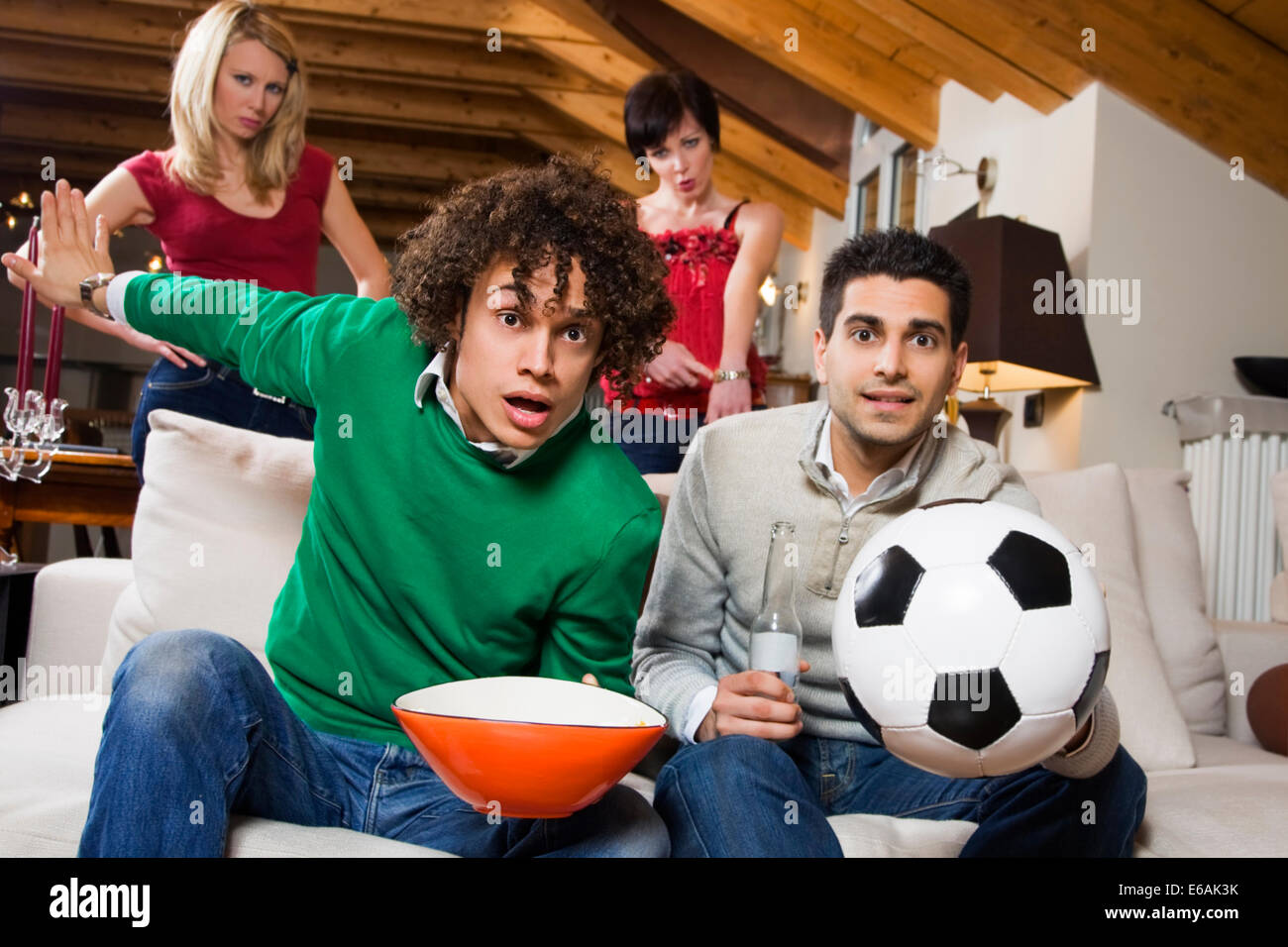 watching tv,soccer,tv night,cheering Stock Photo