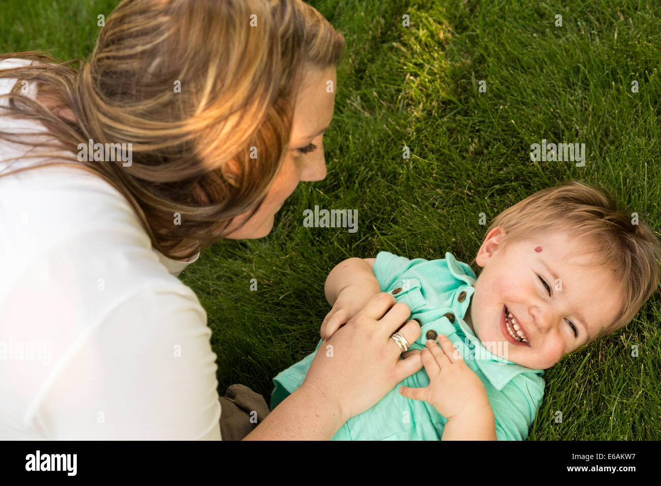 Young Mother Playing with Toddler son, USA Stock Photo
