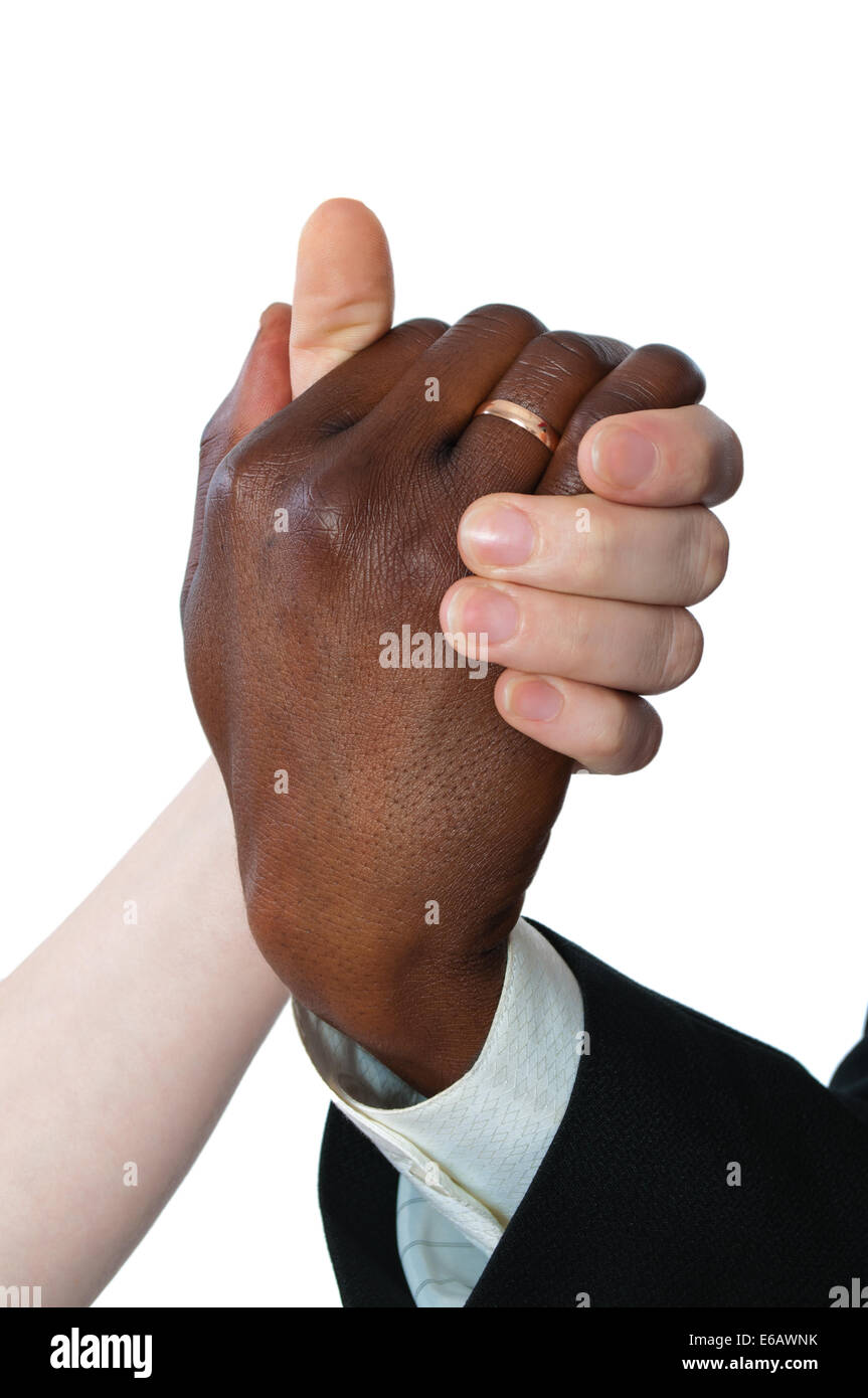 Female white and black man's hand newly married Stock Photo