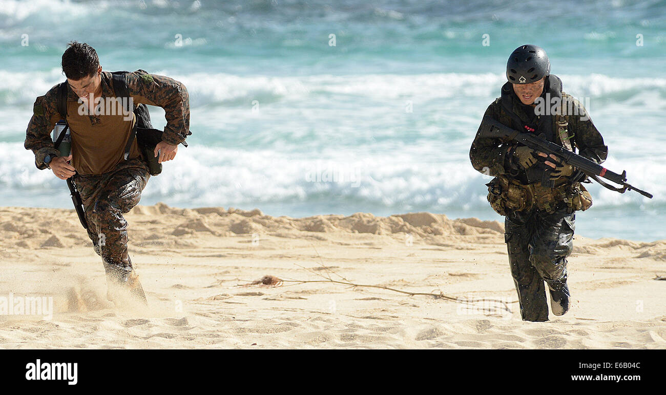 From left, a U.S. Marine with the 3rd Marine Division, III Marine Expeditionary Force and a Japan Ground Self-Defense Force soldier participate in an amphibious capabilities demonstration as part of the Rim of the Pacific (RIMPAC) 2014 exercise July 29, 2 Stock Photo