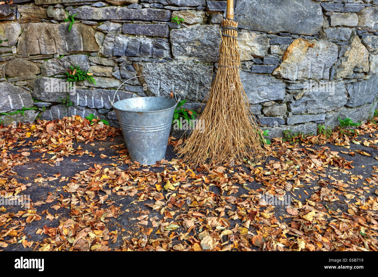 leaves,broom,bucket,broom sticks,zinc bucket Stock Photo