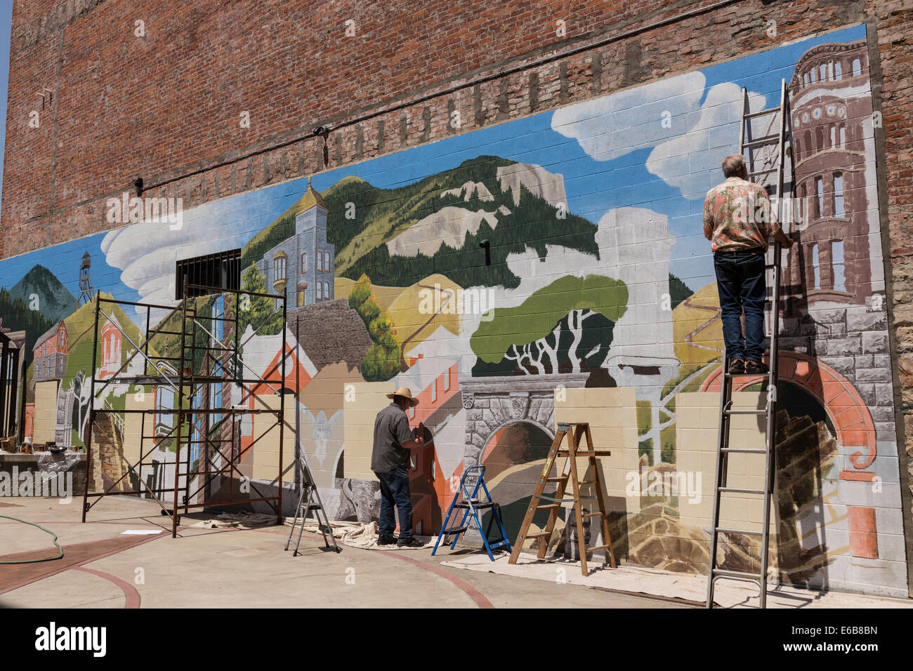 Painted Mural in Last Chance Gulch Pedestrian Mall, Helena, Montana, USA  2014 Stock Photo