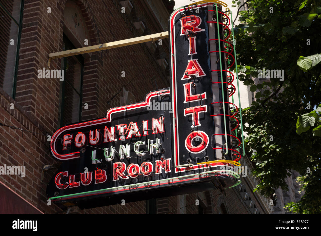 Rialto Club Room, Neon Sign, Last Chance Gulch Pedestrian Mall, Helena, Montana Stock Photo