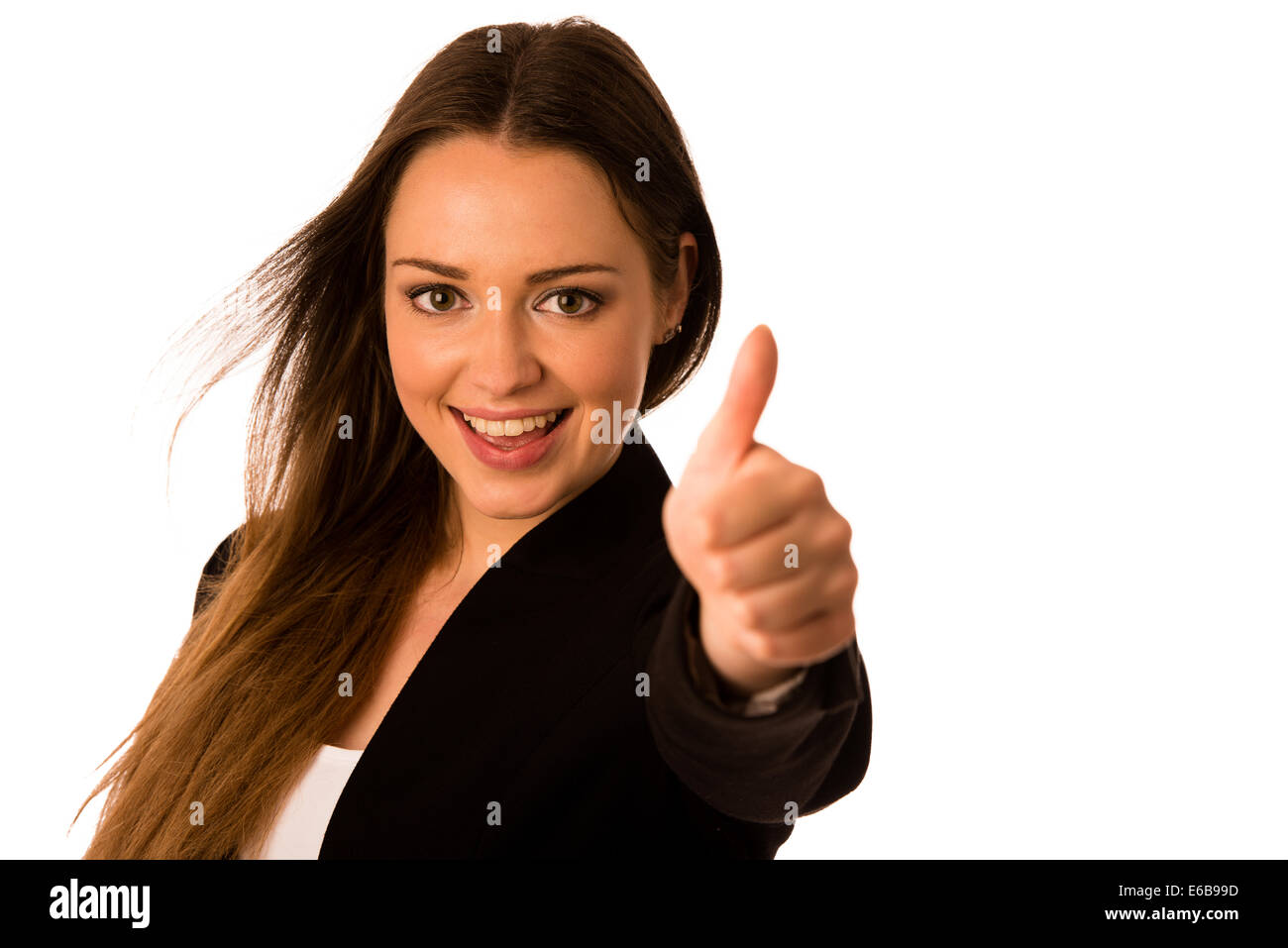Preety asian caucasian business woman gesturing success showing thumb up isolated over white Stock Photo