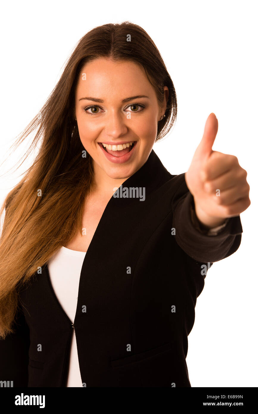 Preety asian caucasian business woman gesturing success showing thumb up isolated over white Stock Photo
