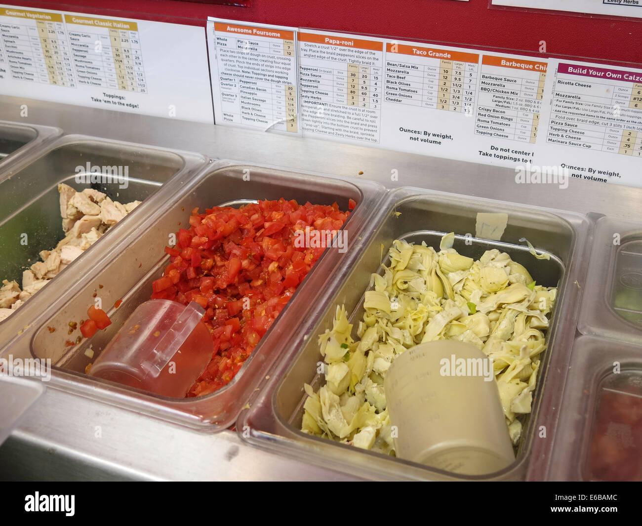 Chicken, Tomatoes and Artichokes, Topping Ingredient Prep Line, Papa Murphy's Pizza, USA Stock Photo