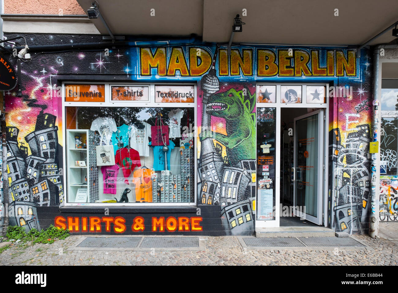 Shop 'Mad in Berlin' selling Berlin related products and souvenirs  in bohemian Friedrichshain in Berlin Germany Stock Photo
