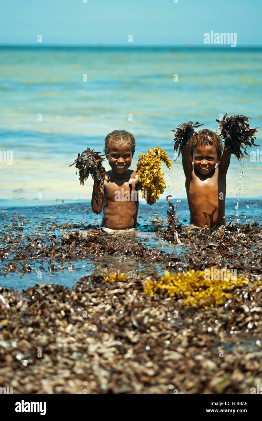 Madagascar, Tulear, Ifaty, young children playing with seaweed at the beach. Stock Photo
