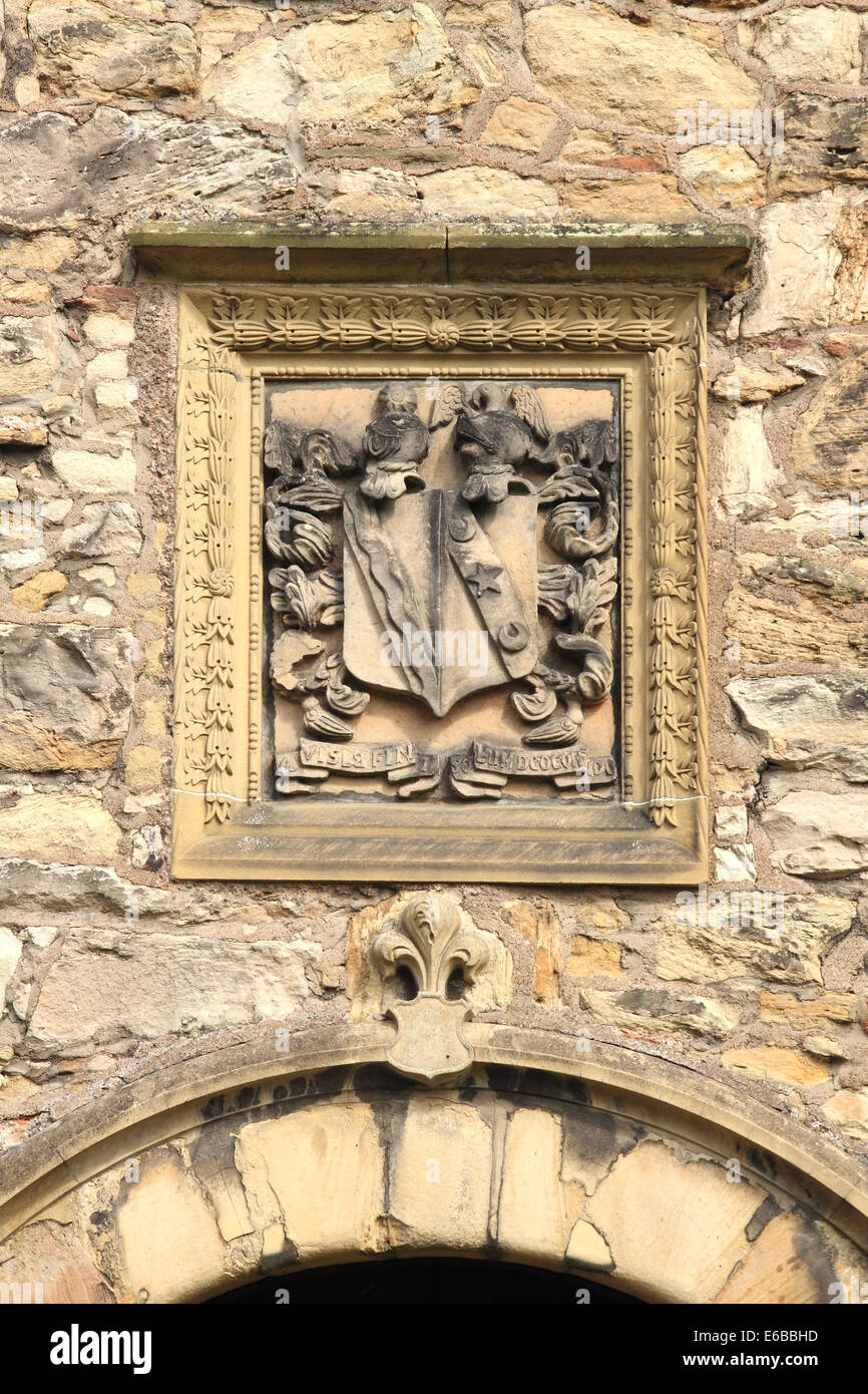 Stone carving of crest above doorway to Mary Queen of Scot's House in Jedburgh, Scotland Stock Photo
