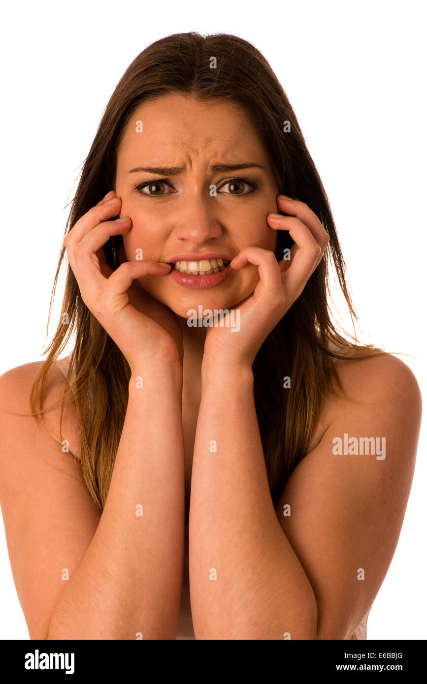 Frightened woman - preety girl gesturing fear isolated Stock Photo