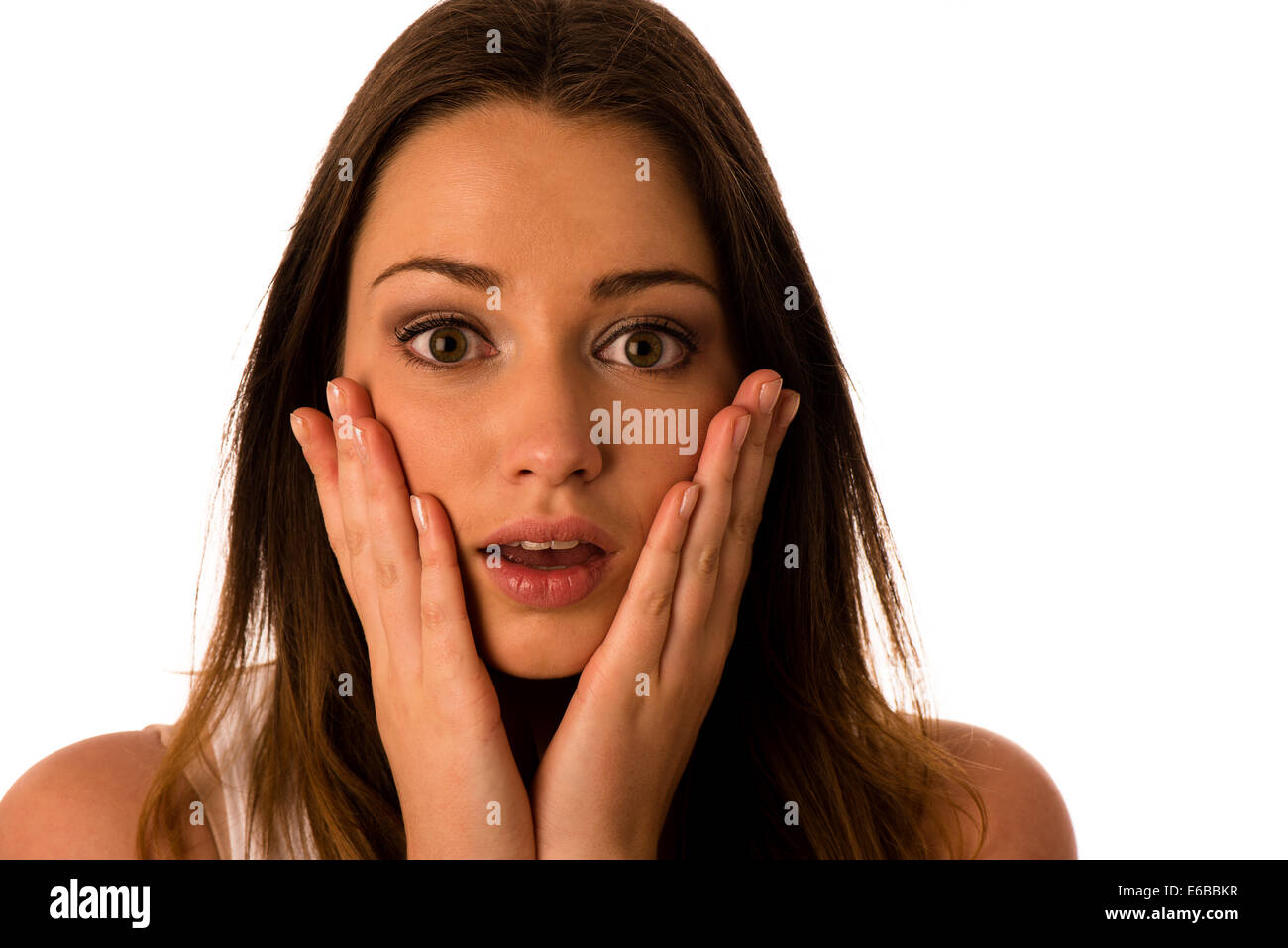 Frightened woman - preety girl gesturing fear isolated Stock Photo