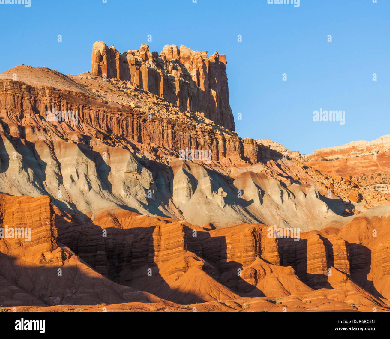 USA, Utah, Torrey, Capitol Reef National Park, The Castle consists of craggy, tall cliffs of Wingate Sandstone Stock Photo