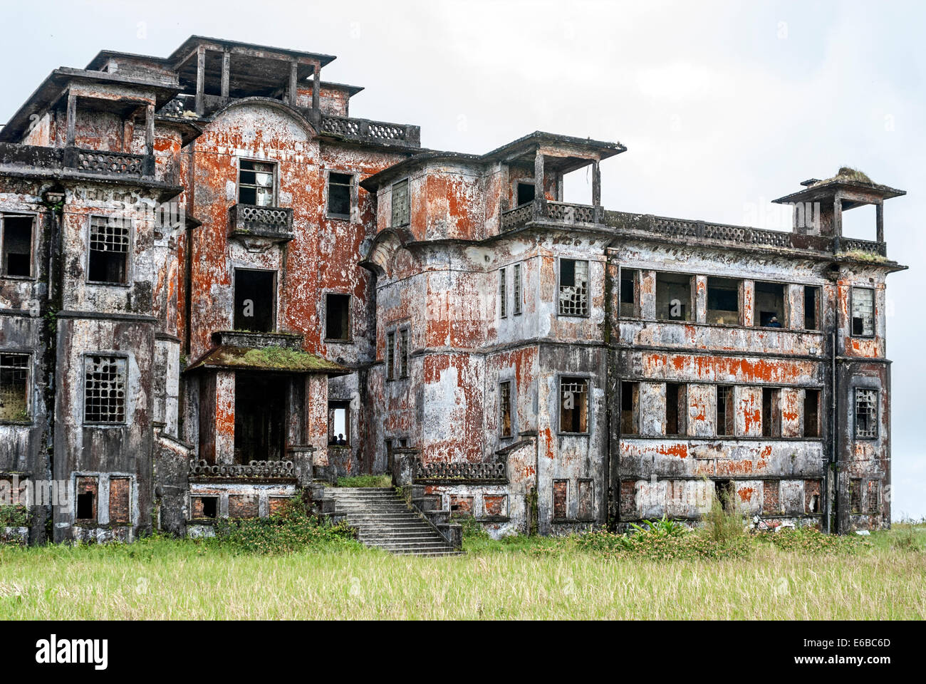Burned out ruin of the former casino and hotel at the Bokor Hill Station on Phnom Bokor (Bokor Mountain), Cambodia. Stock Photo