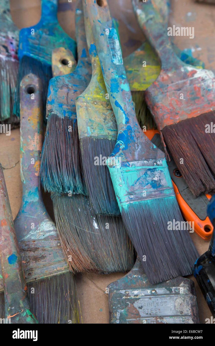 Detroit, Michigan - Paint brushes on a table at Cody High School. Stock Photo