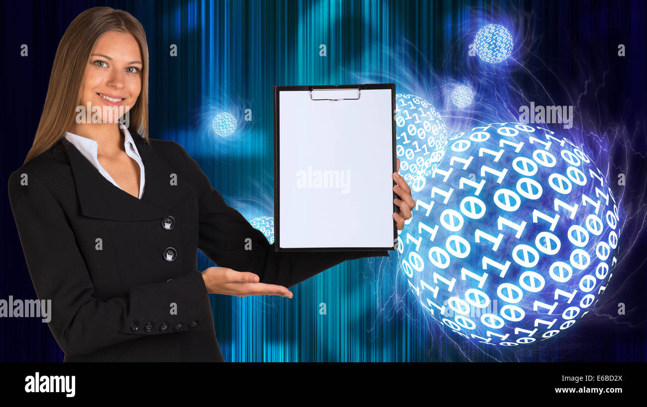 Businesswoman holding paper holder Stock Photo - Alamy