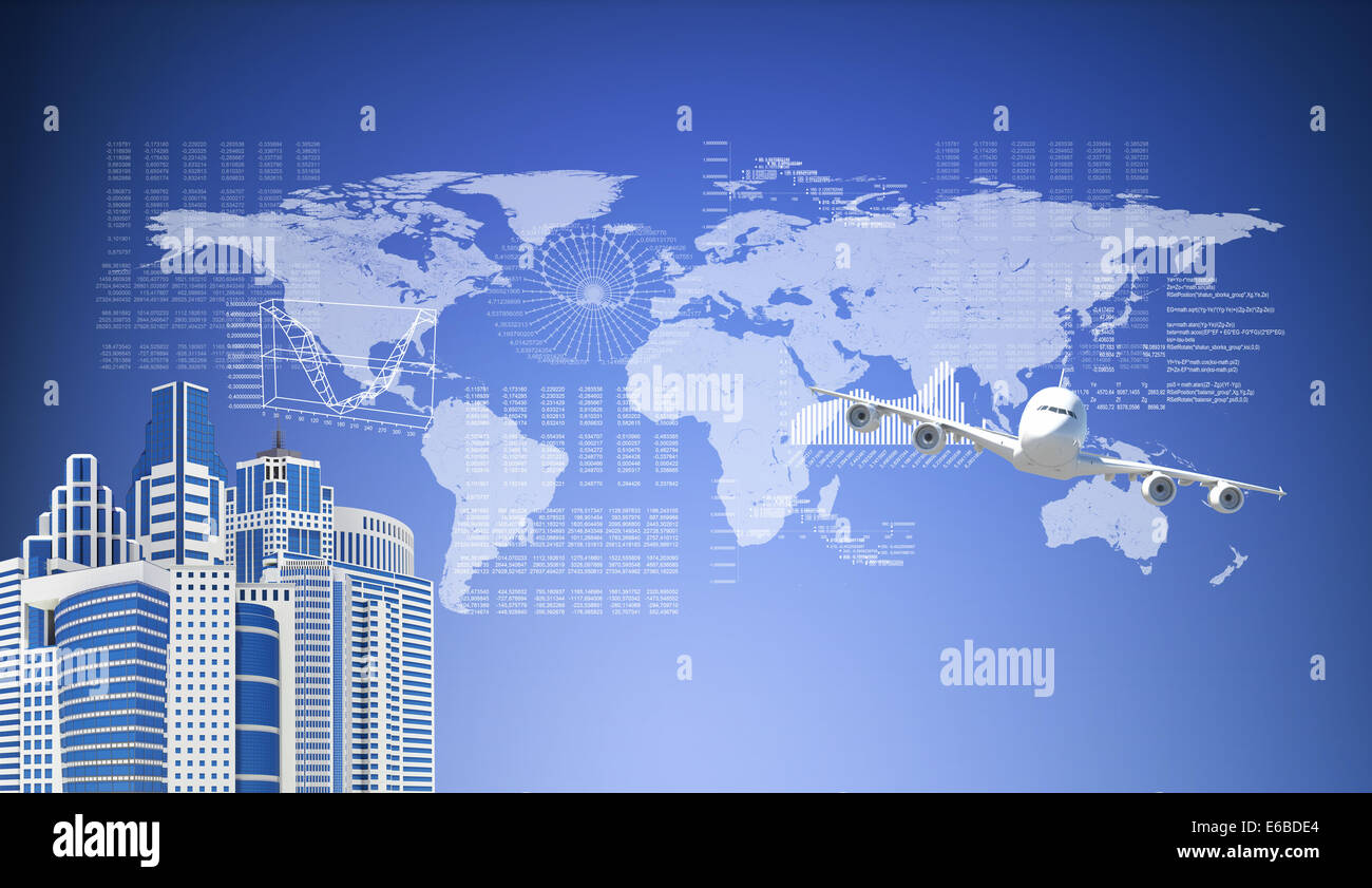 World map, skyscrapers and flying airplane Stock Photo - Alamy