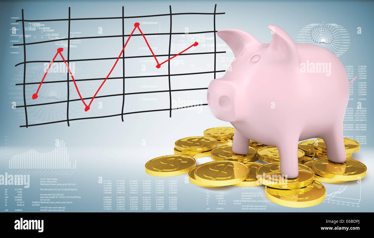Piggy bank with gold coins and graph Stock Photo - Alamy