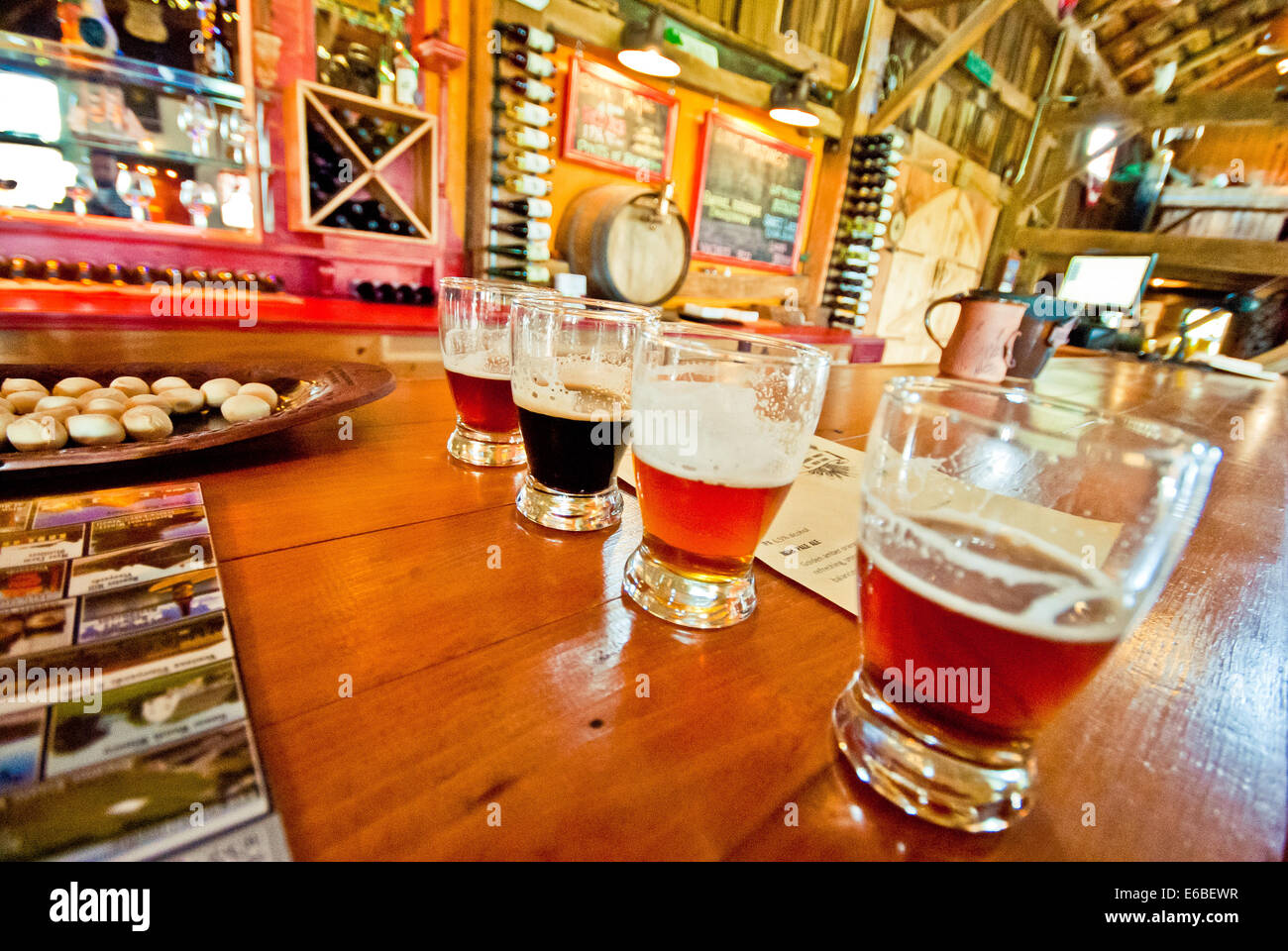View of the glasses during the beer tasting. Stock Photo