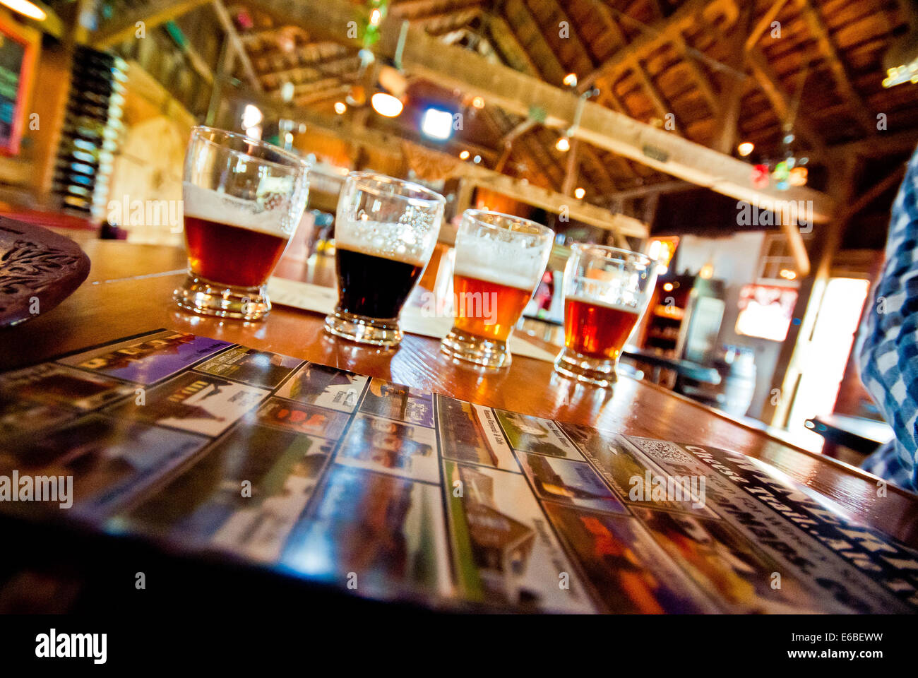 View of the glasses during the beer tasting at craft beer event. Stock Photo