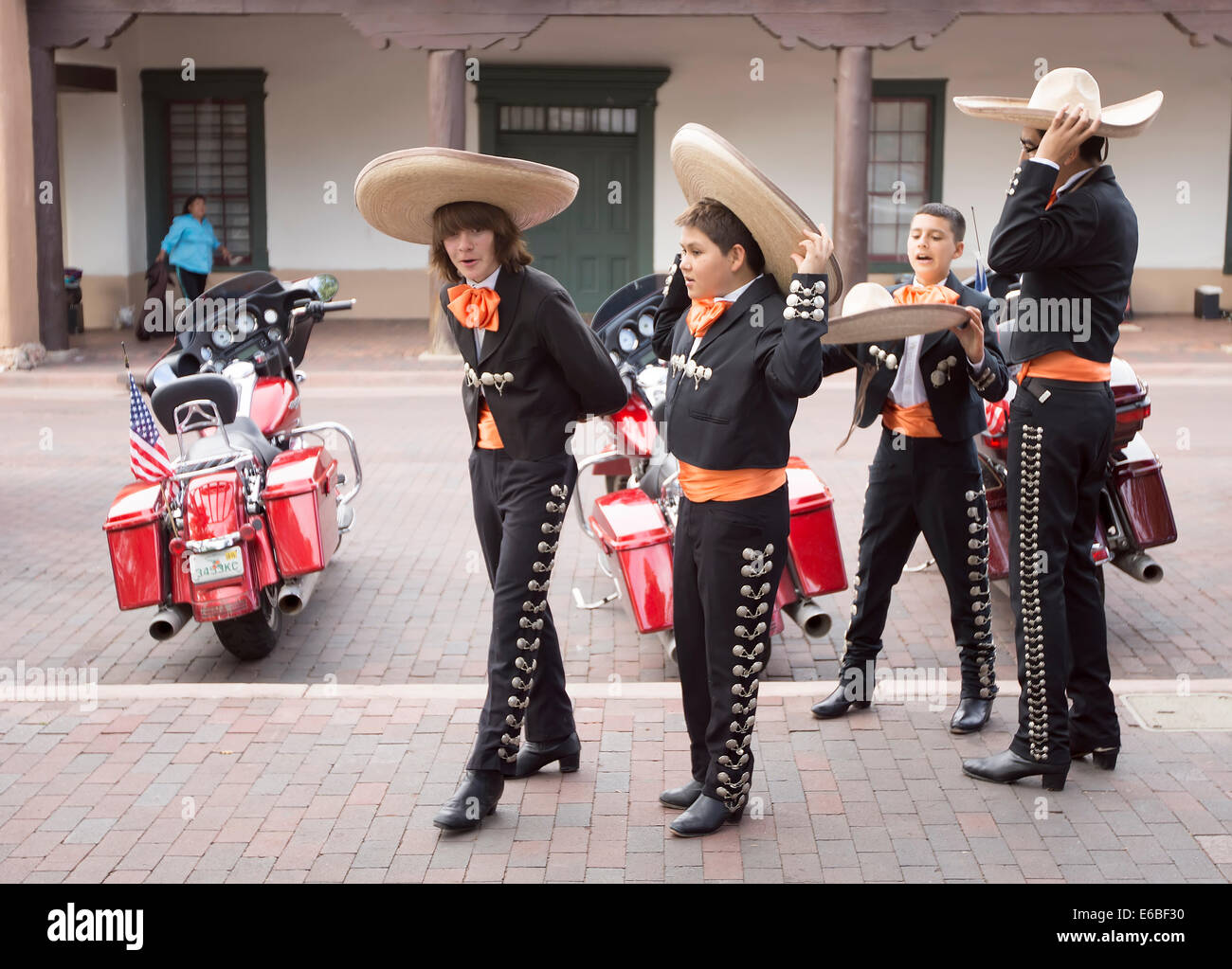 Hispanic folkloric dance group performing in Santa Fe, New Mexico, during Bandstand 2014, a celebration of music and dance. Stock Photo