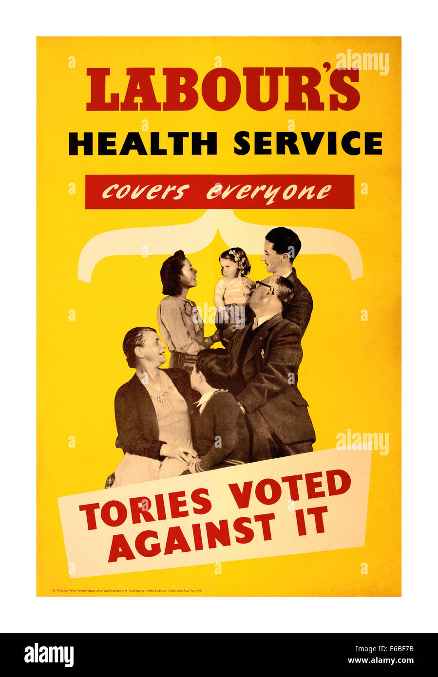 Vintage NHS 1948 post war UK poster promoting Labour's Health Service initiative to British UK families  ‘covers everyone’ The National Health Service Stock Photo