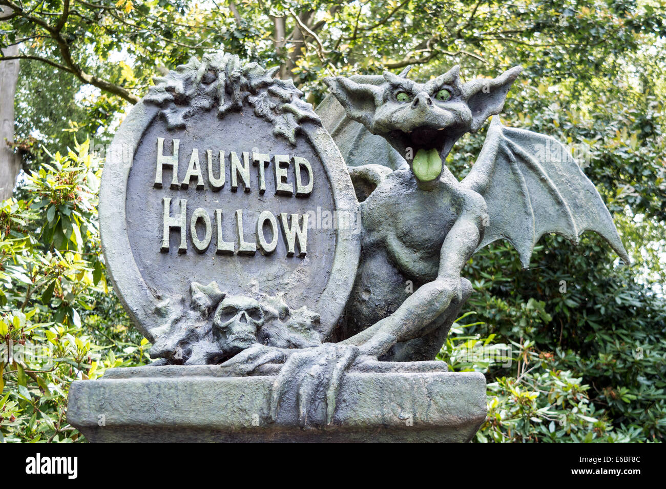 Haunted Hollow sign at Alton Towers theme park Stock Photo