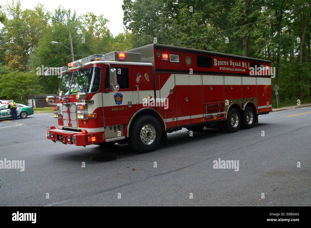Heavy Duty Rescue Squad from Hyattsville Volunteer Fire Department on a emergency call Stock Photo