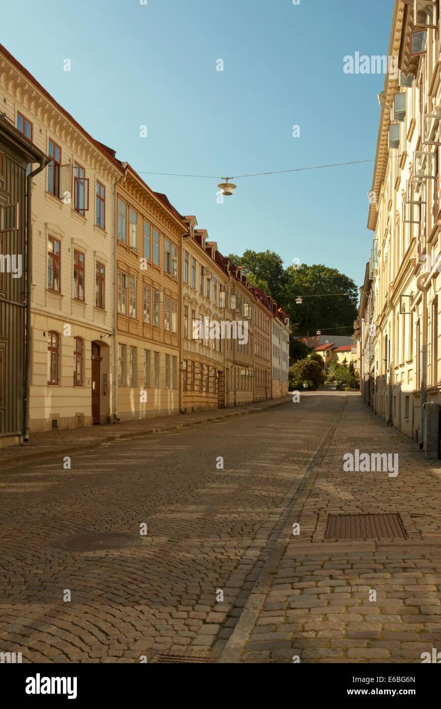 Cobbled streets and traditional wooden architecture in Haga, the historic district of Göteborg, Bohuslän, Västergötland, Sweden. Stock Photo