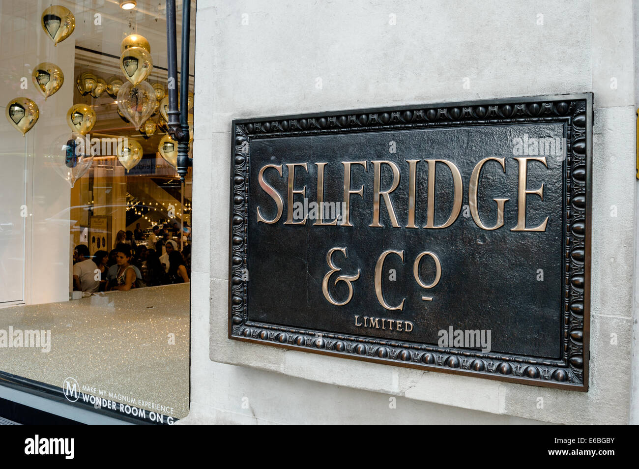 Selfridge & Co plaque on the corner of Selfridges, Oxford Street