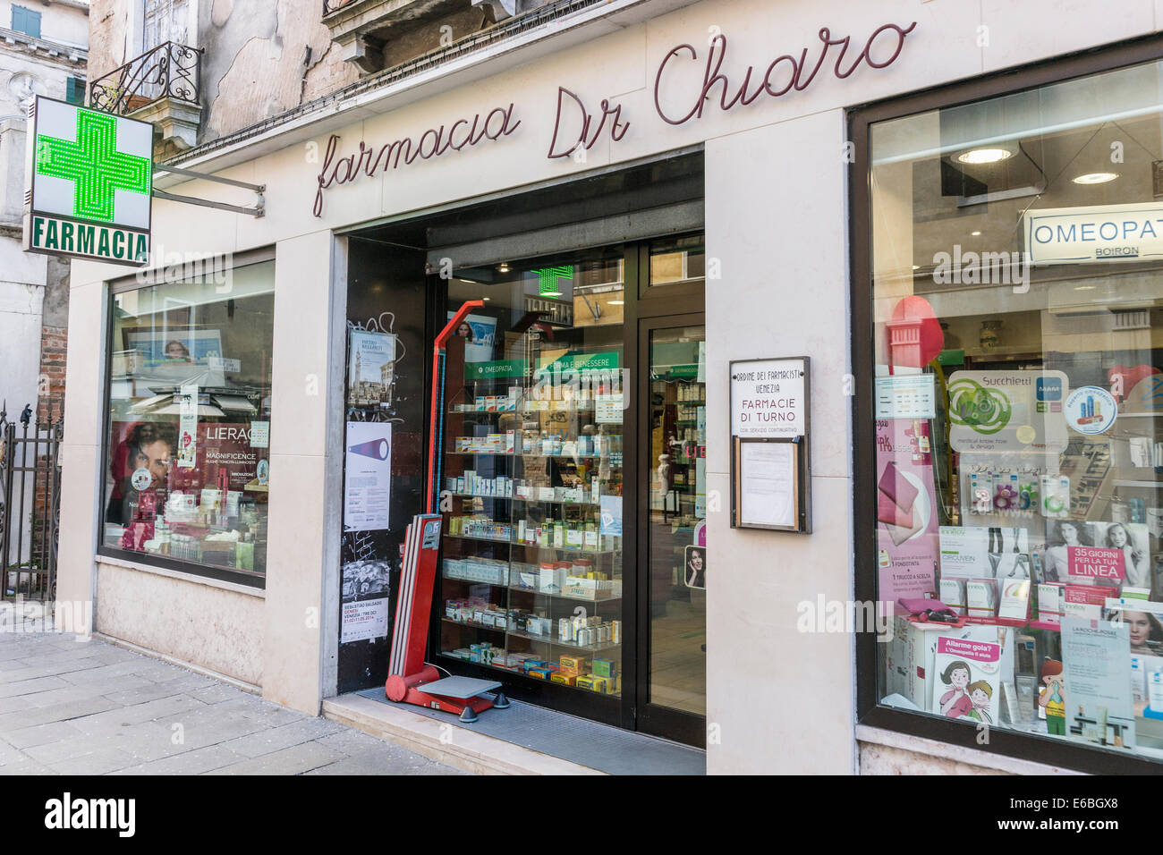 An Italian Pharmacy along one of the main pedestrian thoroughfares in