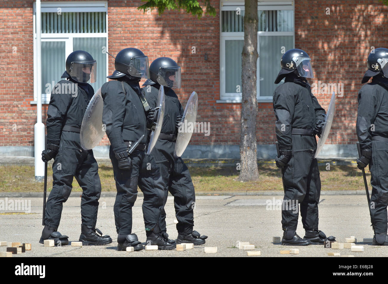 Infantry soldiers of the Belgian Army in riot gear during a training session in Leopoldsburg, Belgium. Stock Photo