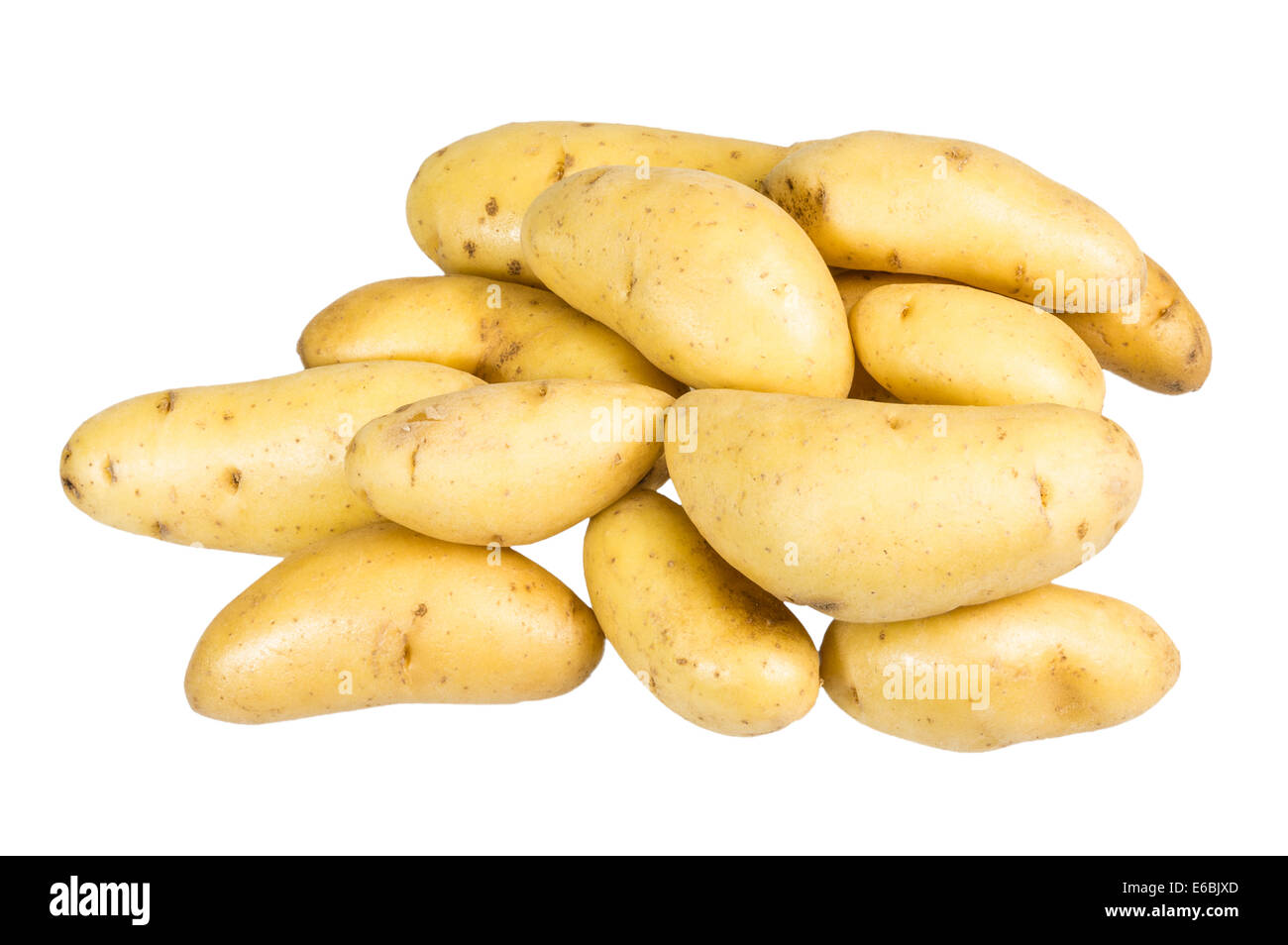 Group of fresh white fingerling potatoes isolated on white Stock Photo
